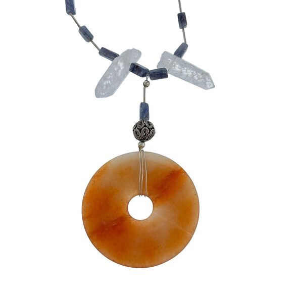 Orange Jade Rock Quartz Rutilated Quartz Necklace | Vintage Sterling Silver 18" - Picture 2 of 5